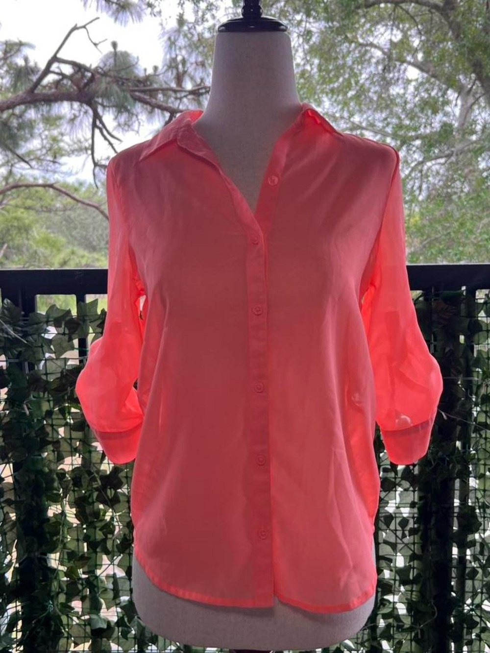 Faded Glory Button-Front Collared Shirt - Neon Coral Pink